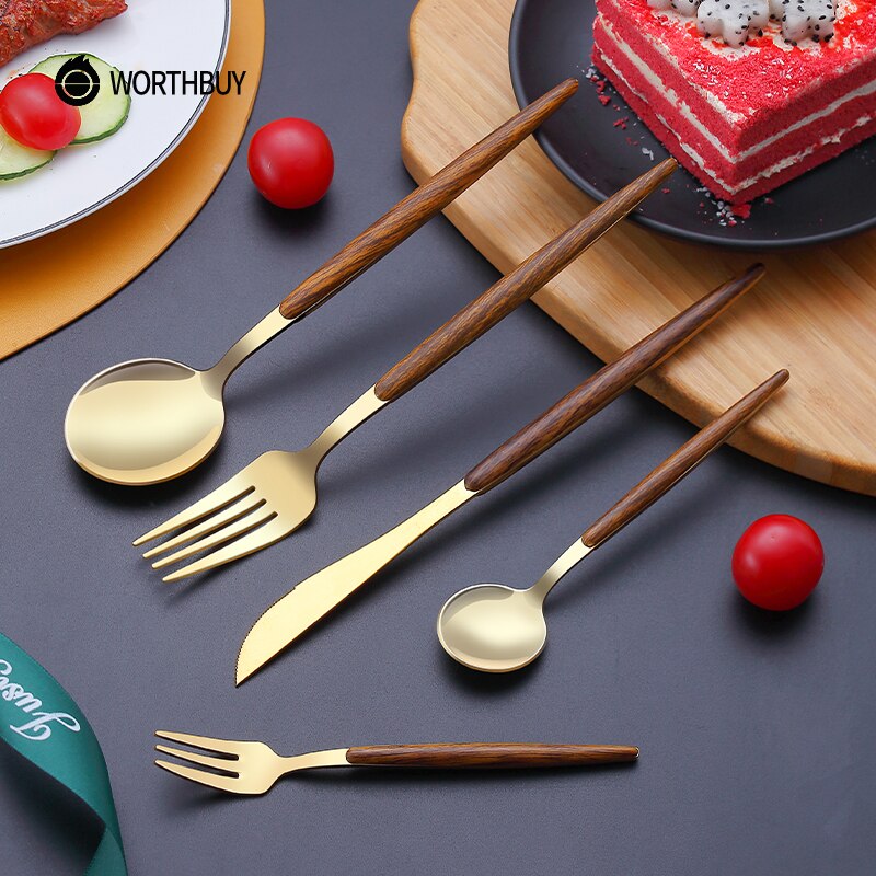 WORTHBUY 5/20/30 Pcs Gold Cutlery Set Stainless Steel Knife Fork Spoon Dinner Set With Wood Grain Handle Kitchen Tableware Set