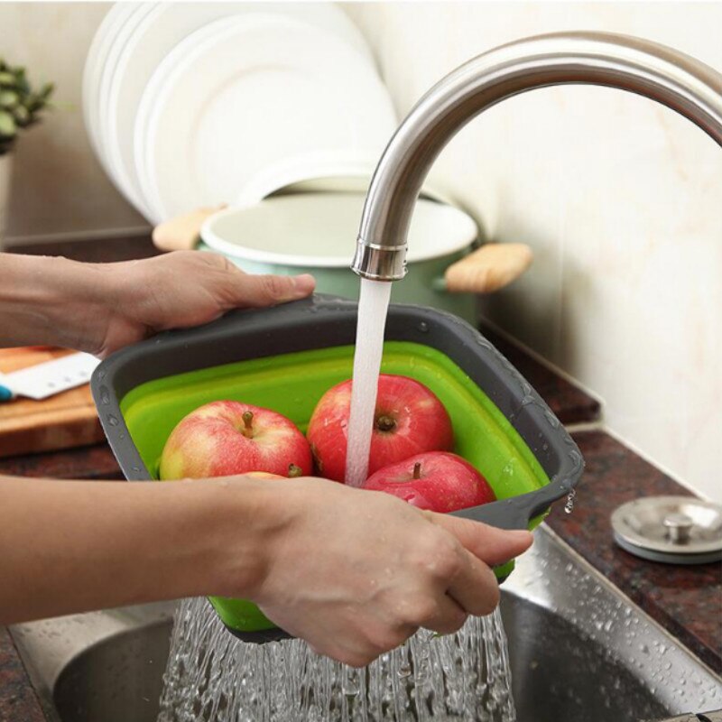 Square Draining Basket Collapsible Colander Silicone Kitchen Storage Bag Fruit and Vegetable Basket Folding Filter WF6151432