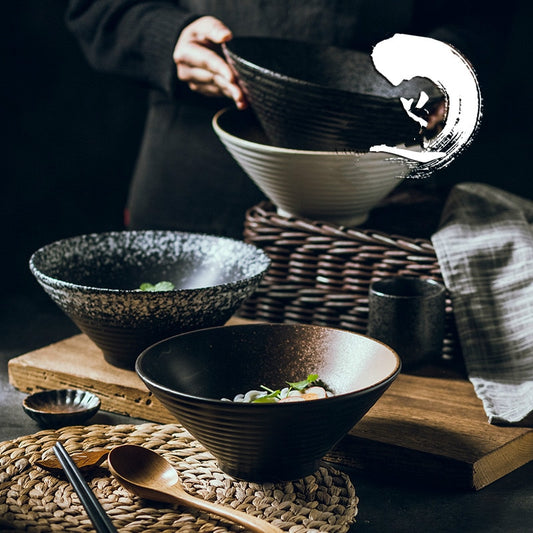 Japanese creative tableware set, commercial bamboo hat ceramic bowl, household large ramen, rice, noodles, soup bowl