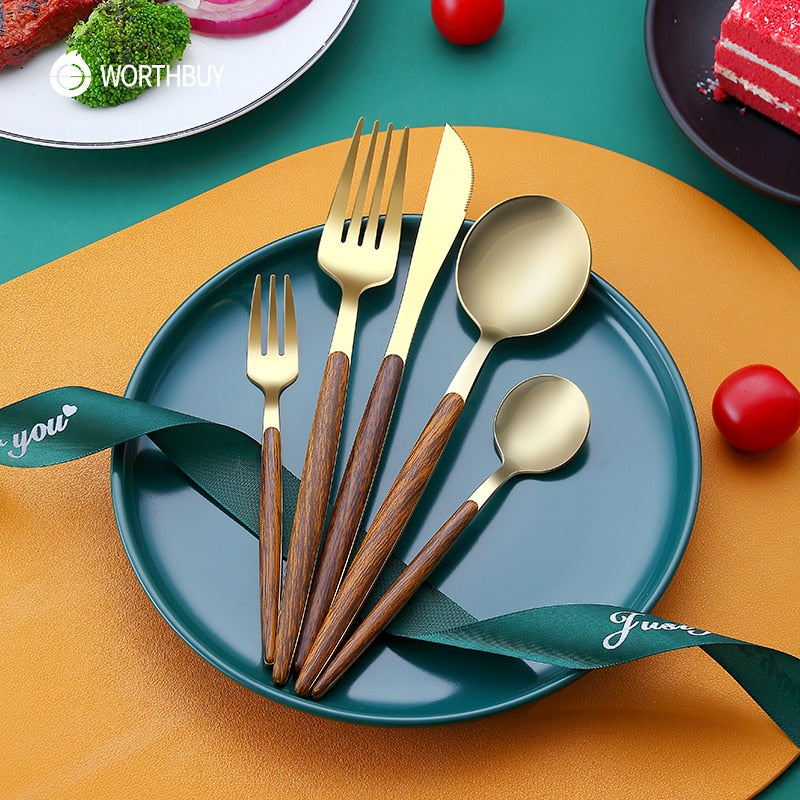 WORTHBUY 5/20/30 Pcs Gold Cutlery Set Stainless Steel Knife Fork Spoon Dinner Set With Wood Grain Handle Kitchen Tableware Set