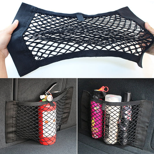 Car Back Rear Trunk Organizer Net Mesh Seat Elastic String Magic Sticker Universal Storage Bag Pocket Auto Organizer