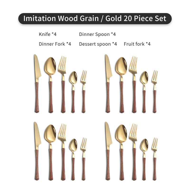 WORTHBUY 5/20/30 Pcs Gold Cutlery Set Stainless Steel Knife Fork Spoon Dinner Set With Wood Grain Handle Kitchen Tableware Set