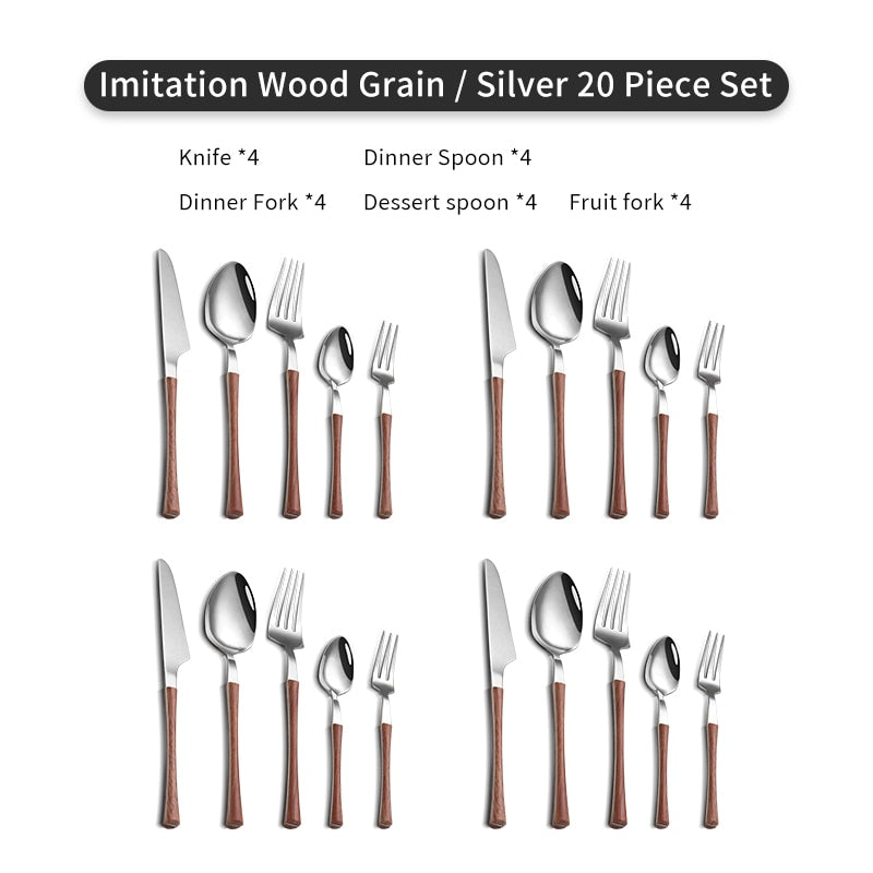 WORTHBUY 5/20/30 Pcs Gold Cutlery Set Stainless Steel Knife Fork Spoon Dinner Set With Wood Grain Handle Kitchen Tableware Set