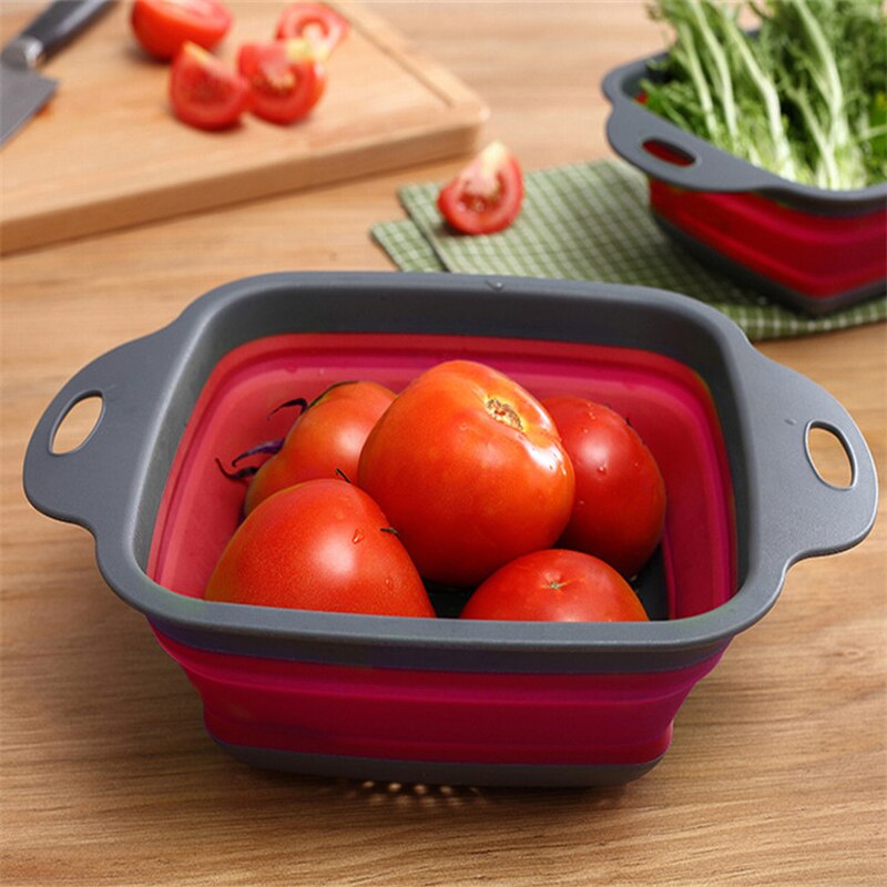 Square Draining Basket Collapsible Colander Silicone Kitchen Storage Bag Fruit and Vegetable Basket Folding Filter WF6151432