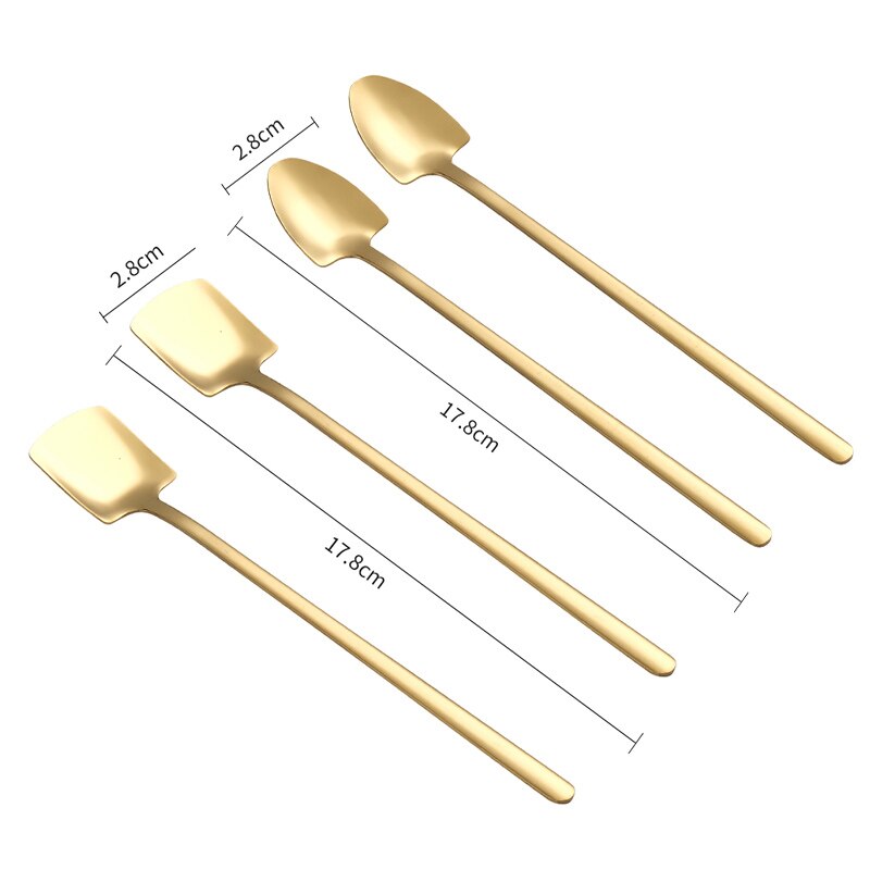 WORTHBUY 2/4 Pcs Gold Shovel Spoon Stainless Steel Tea Spoon Long Handle Coffee Dessert Spoon Set Coffee Scoop Kitchen Tableware