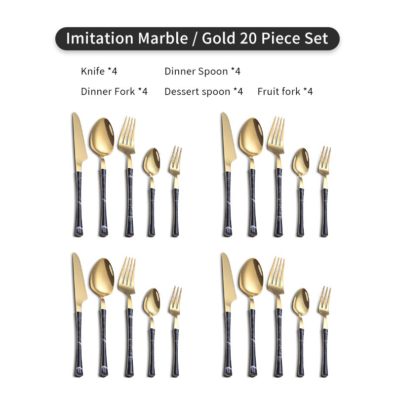 WORTHBUY 5/20/30 Pcs Gold Cutlery Set Stainless Steel Knife Fork Spoon Dinner Set With Wood Grain Handle Kitchen Tableware Set