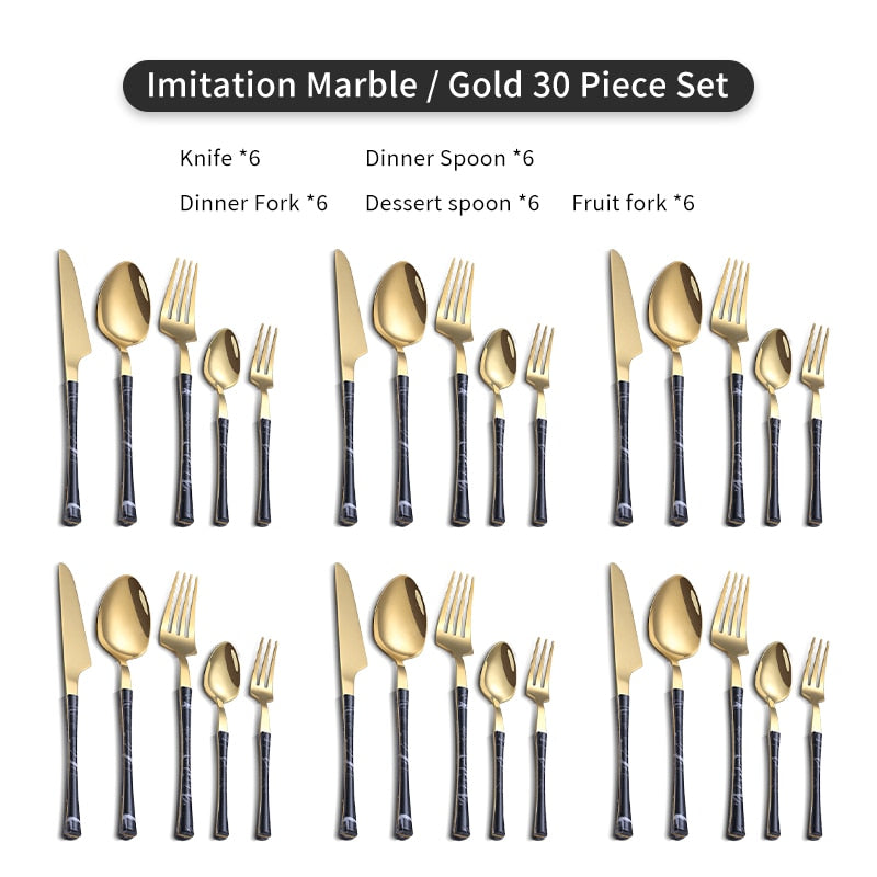 WORTHBUY 5/20/30 Pcs Gold Cutlery Set Stainless Steel Knife Fork Spoon Dinner Set With Wood Grain Handle Kitchen Tableware Set